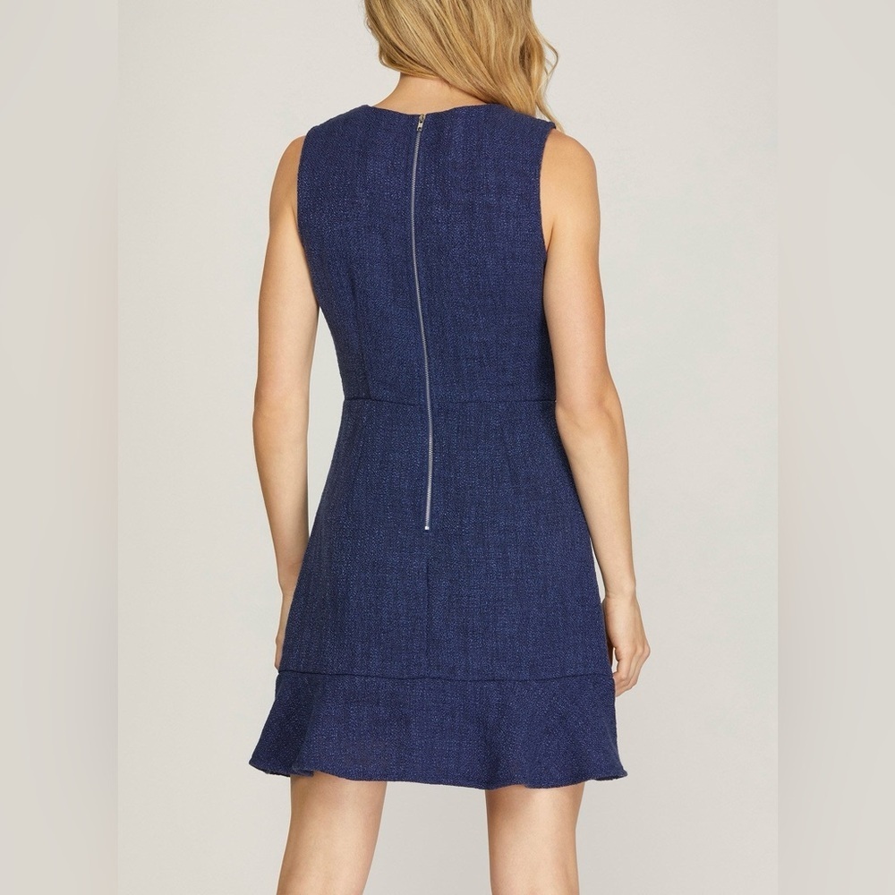 She + Sky Navy Textured Sleeveless Ruffle Hem Dress Size Large NWT - Picture 2 of 7
